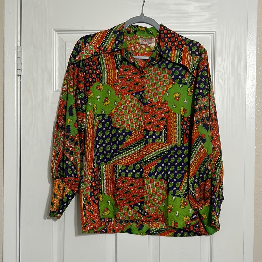 Allustre Crepe Disco Puff Sleeve Dagger Collar Button Down Unisex Size 36